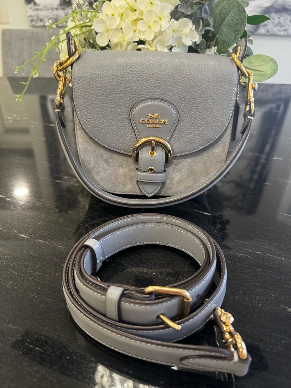 🩶COACH Gray Pebbled Leather & Suede Mini Saddle Bag with Gold Hardware - Picture 2 of 13